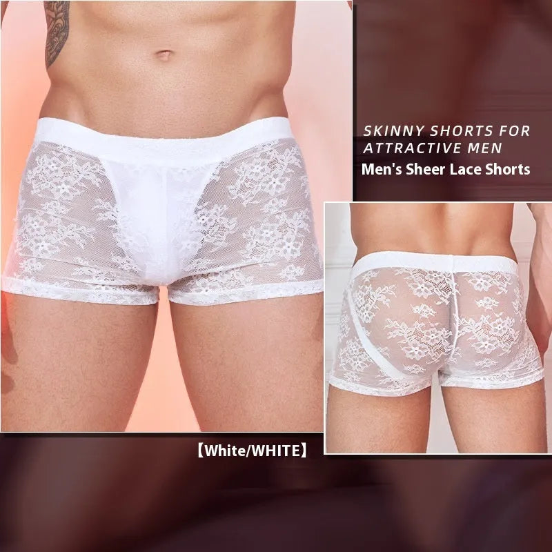 Black lace-trimmed men's nylon boxer briefs laid flat, showing elasticated waistband.