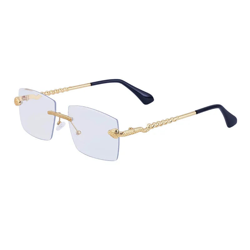 Fashion rimless sunglasses for men UV400 PC lens golden tea wood grain bag pollen tablet