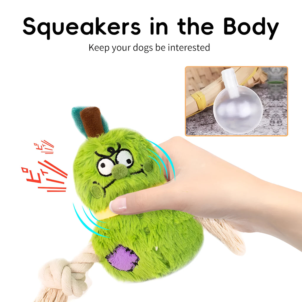Green and purple interactive dog toy with cotton rope knots and a soft plush centre.