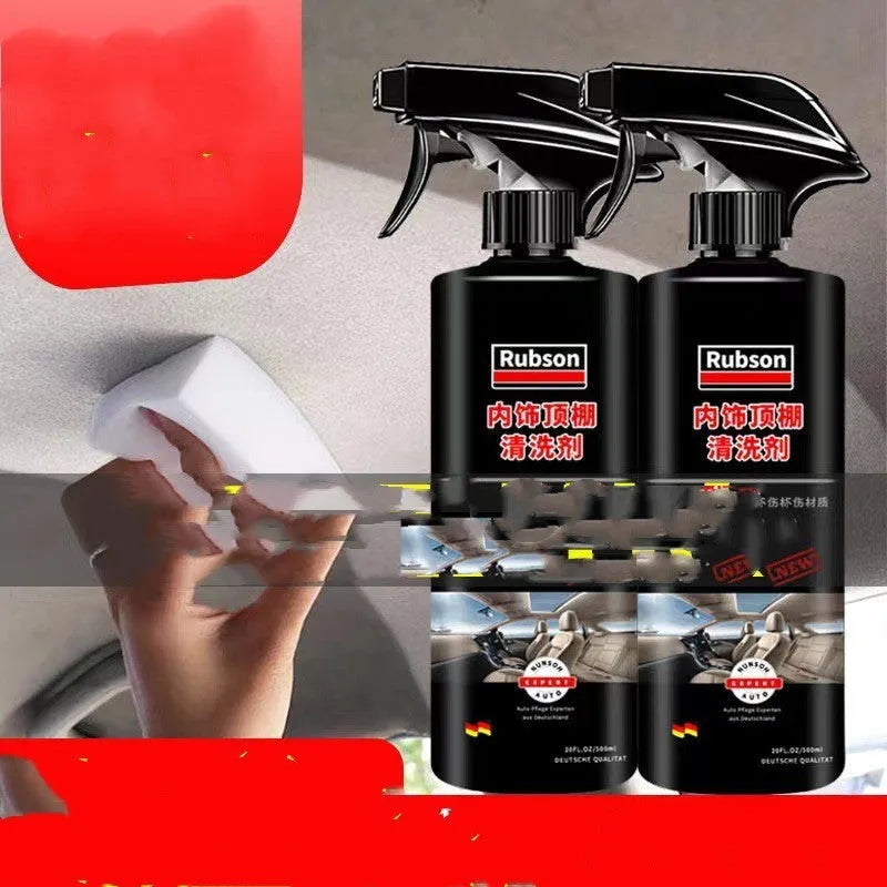 UL ultrasonic fabric roof foam decontamination cleaner bottle with towel and sponge wipes for vehicle ceilings.