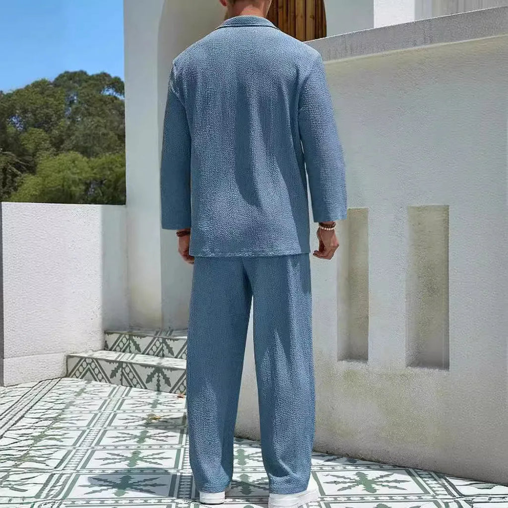 Men's casual polyester commuter suit with shirt and trousers in lake blue, khaki, black, or caramel colours