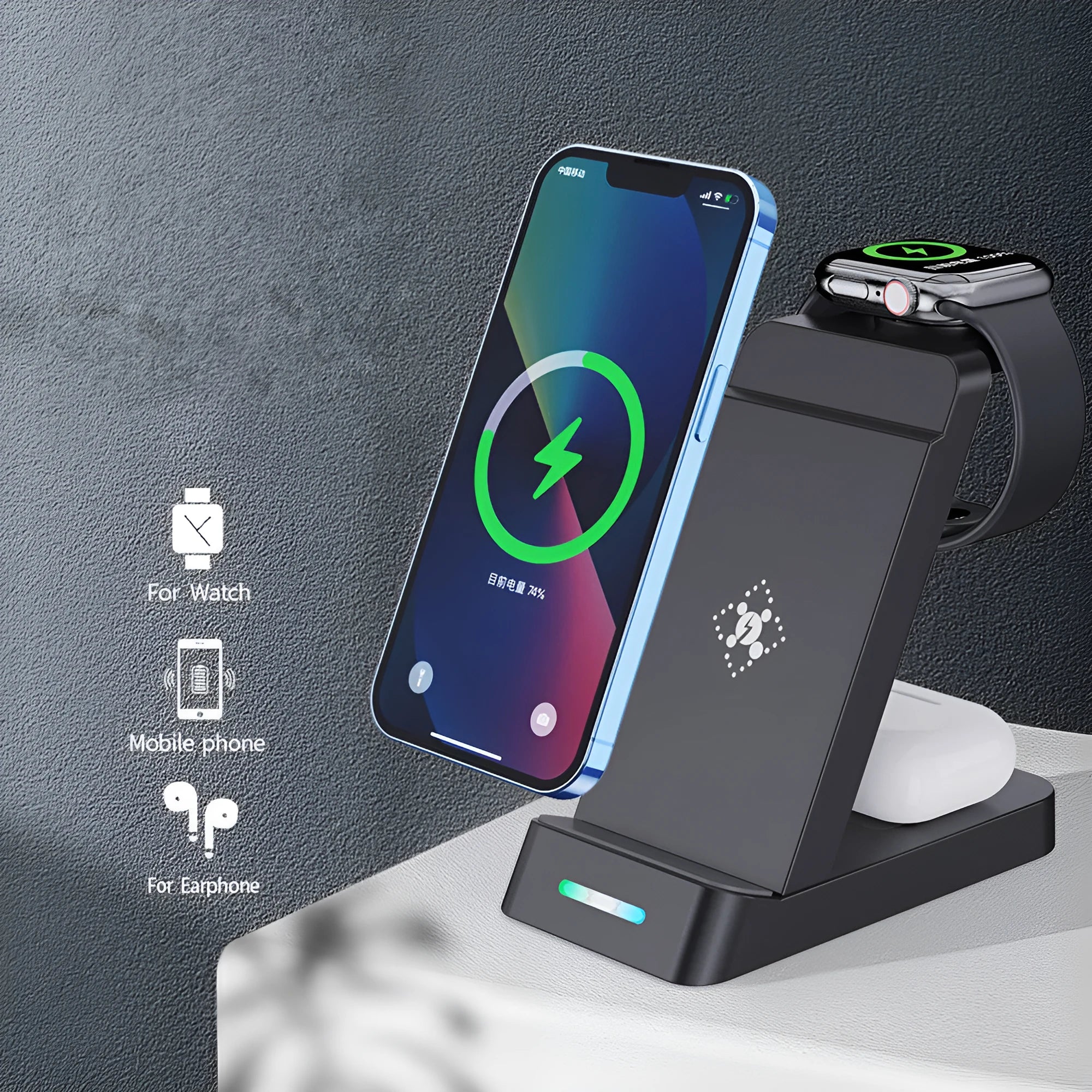 Black 3-in-1 wireless charging station with phone on stand, smartwatch docked, and earbuds charging.
