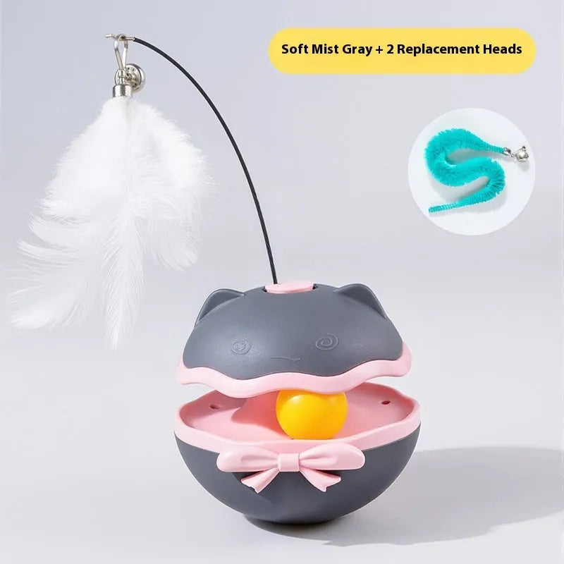 Electric cat toy tumbler with teasing stick in lemon yellow, sky blue and soft fog grey colour options