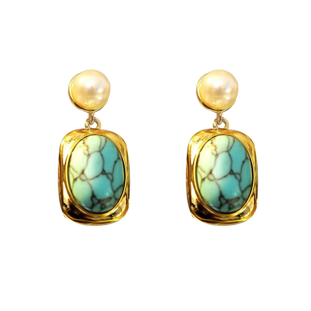 French vintage oval turquoise pearl earrings 18K gold electroplate copper geometric drop with silver needle