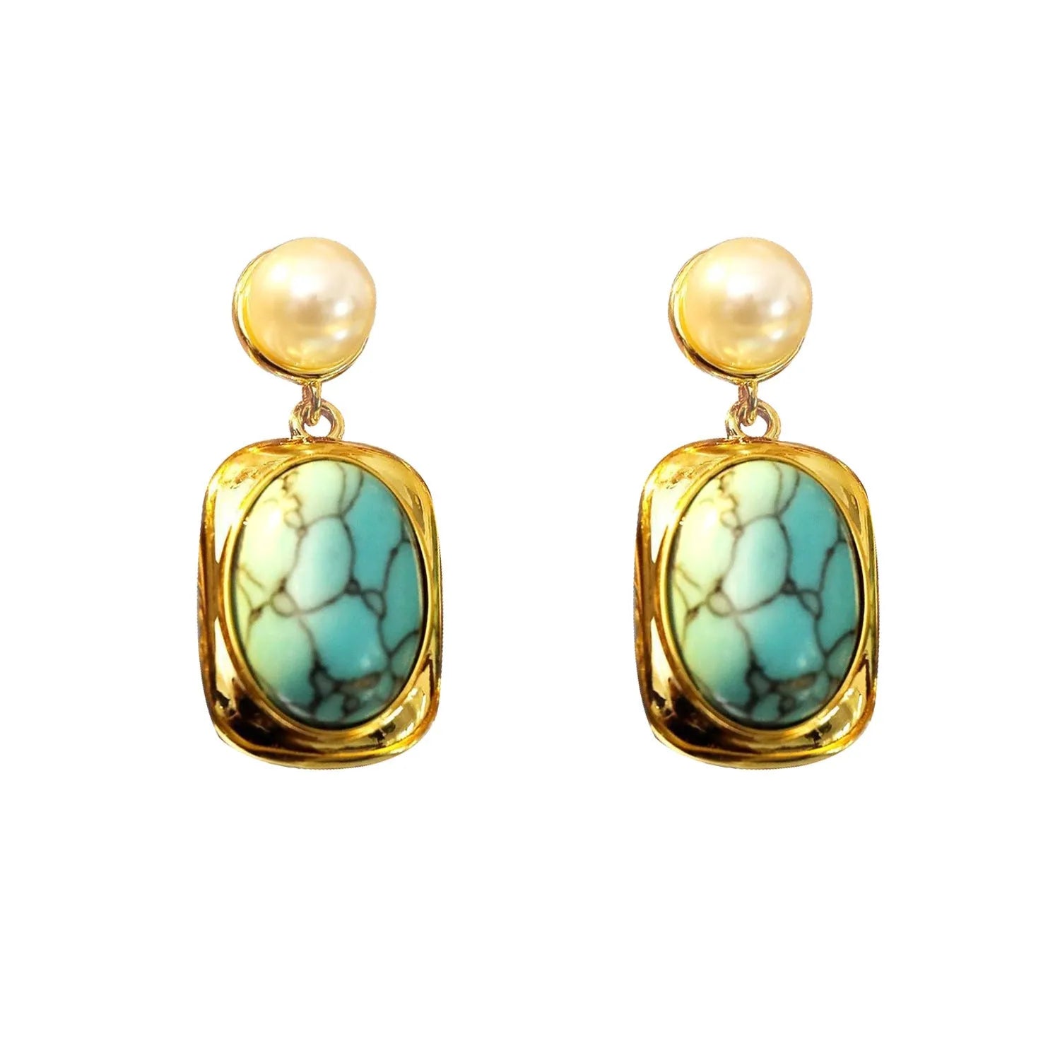 French vintage oval turquoise pearl earrings 18K gold electroplate copper geometric drop with silver needle