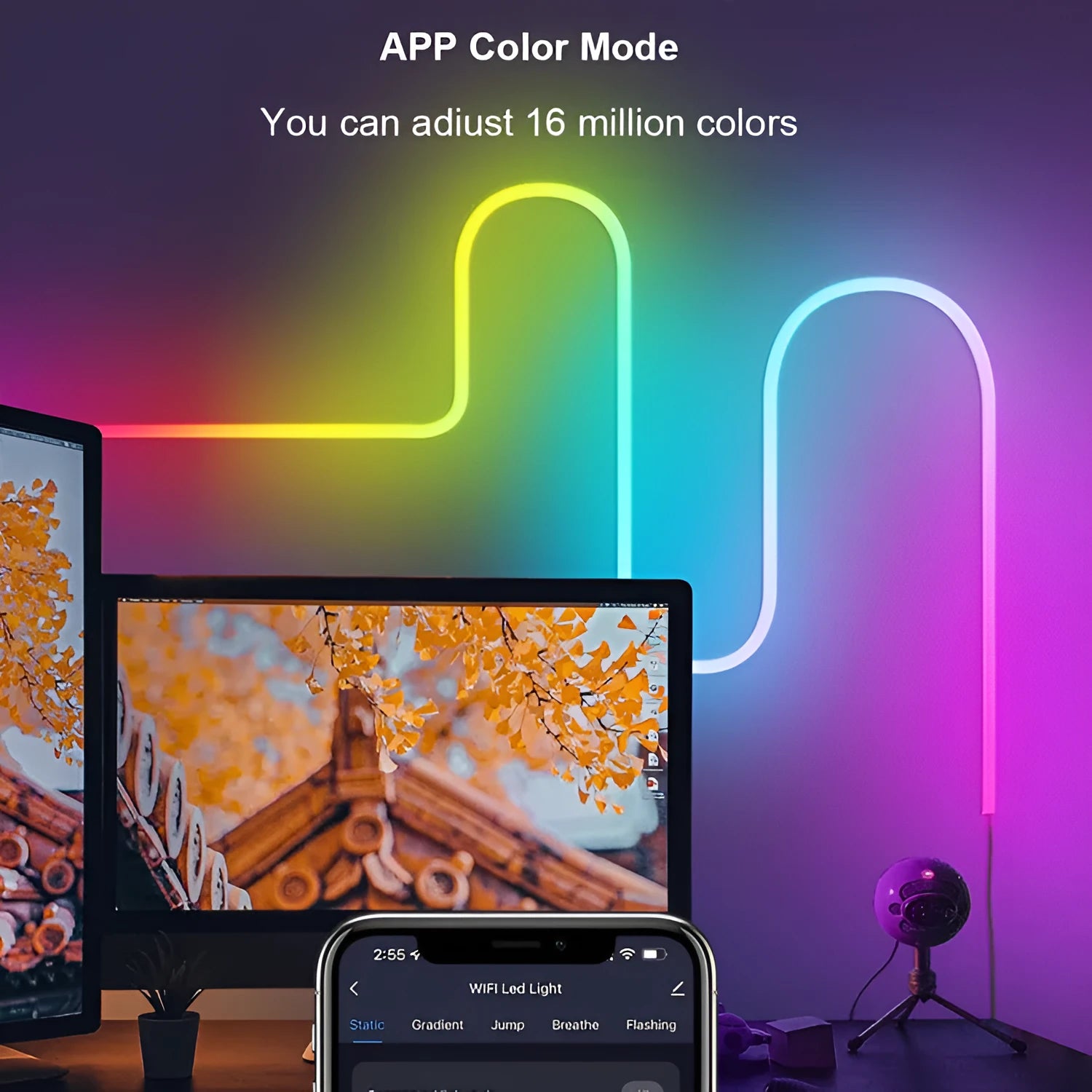 3 metre USB-powered RGB neon light strips with Bluetooth music sync and remote control