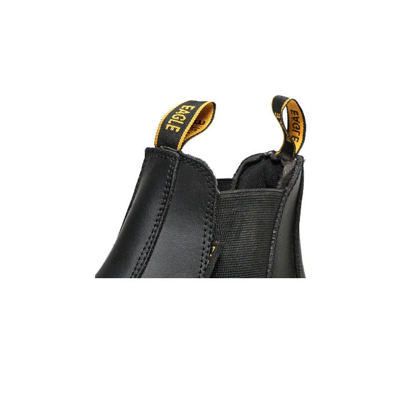 Black leather safety work boots with high-top design and anti-piercing sole