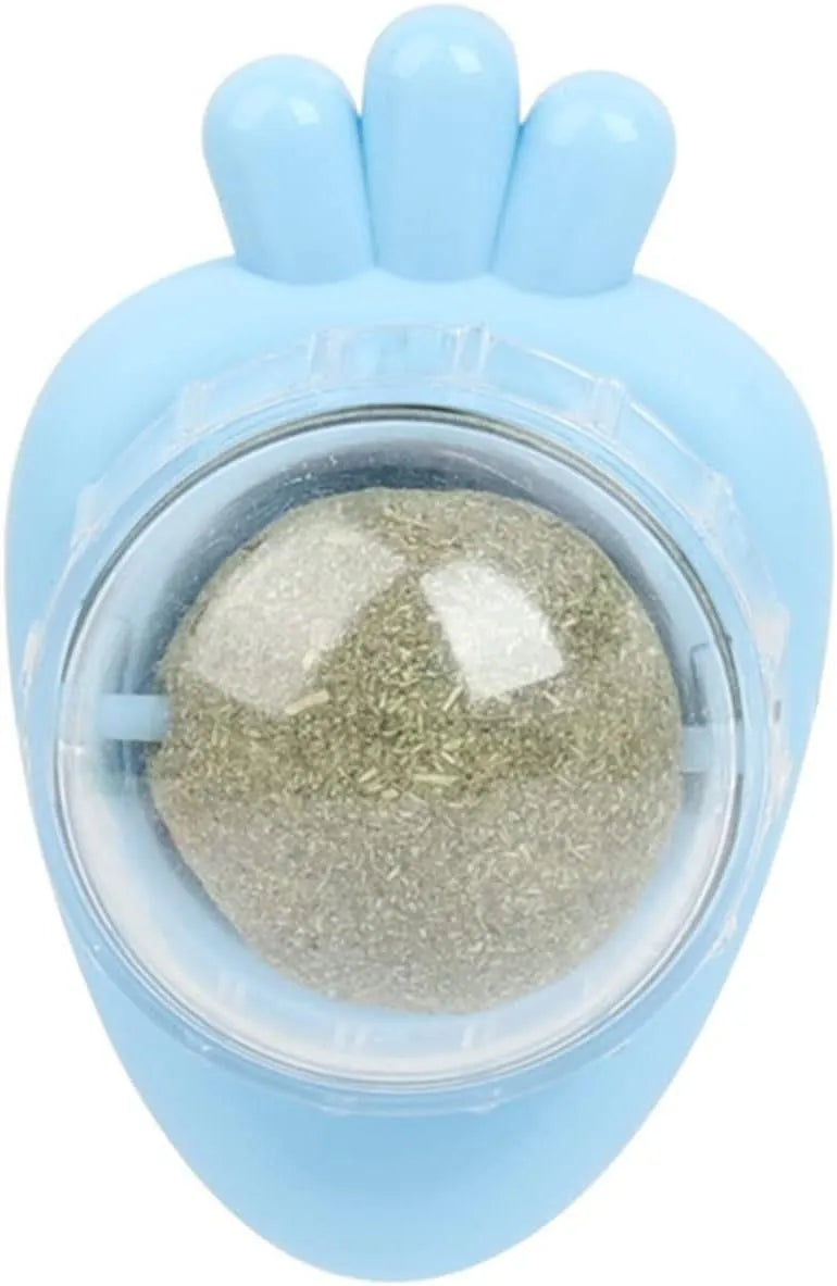 Blue carrot-shaped catnip ball with self-adhesive sticker for wall mounting
