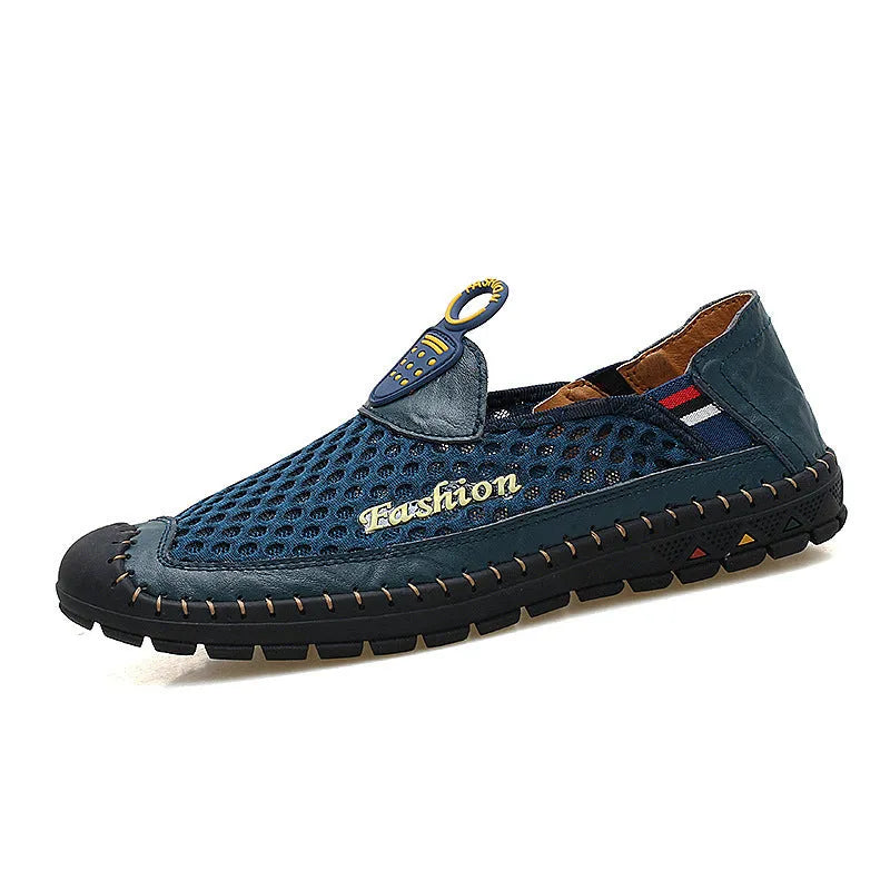 Men's brown breathable mesh casual shoes with round toe and rubber sole on a white background.