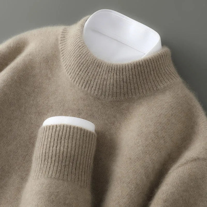 Men's half turtleneck wool blend pullover sweater in beige with loose batwing sleeves, thick knit, long sleeves, plus size fit