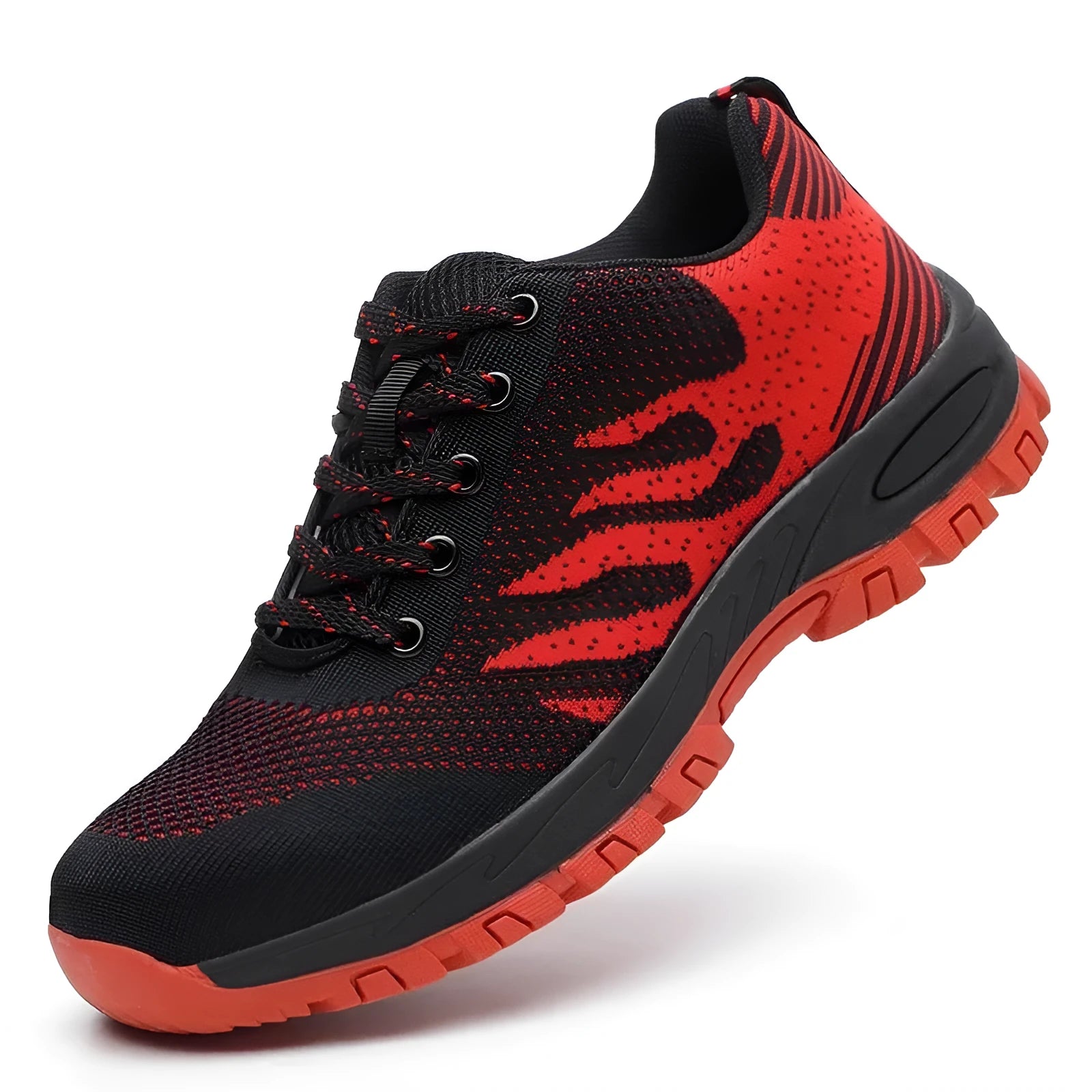 Red protective summer shoes with steel toe cap and breathable fly mesh upper, low-top safety footwear