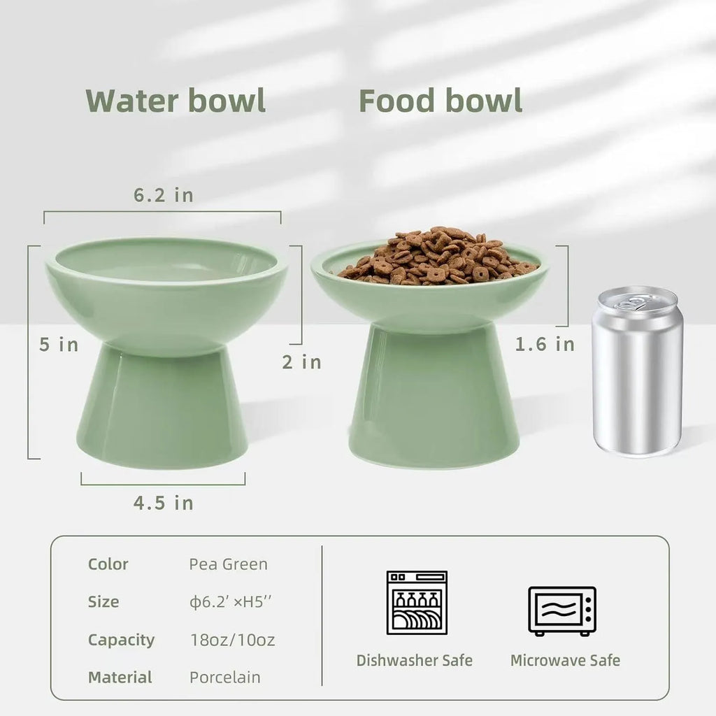 Extra wide elevated ceramic cat food and water bowl in blue, green, pink or white