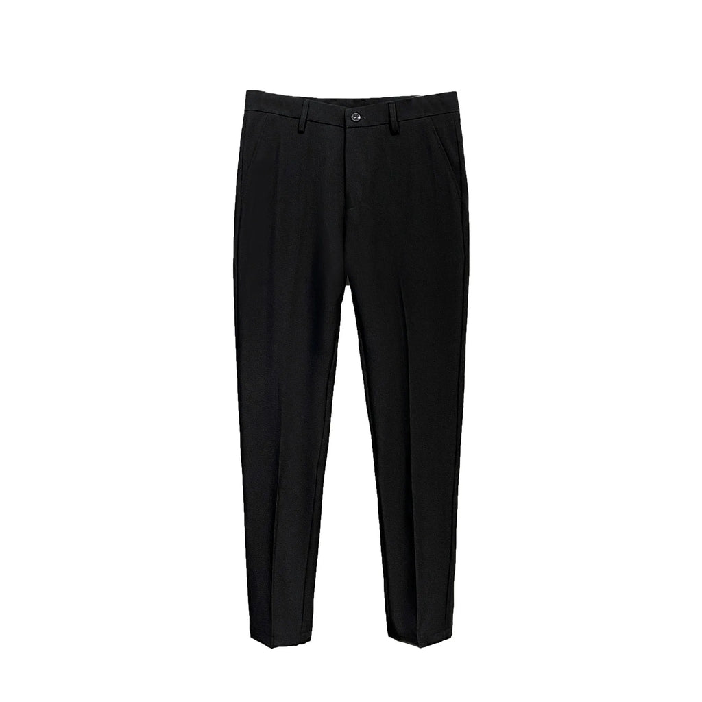 Men's black straight-leg fleece padded suit pants with wool lining, zipper fly, and mid-waist fit