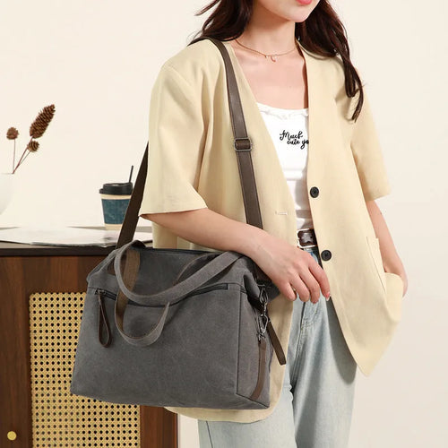 Large capacity retro canvas bag for women, soft horizontal square shape, available in four colours: gray, black, brown, khaki