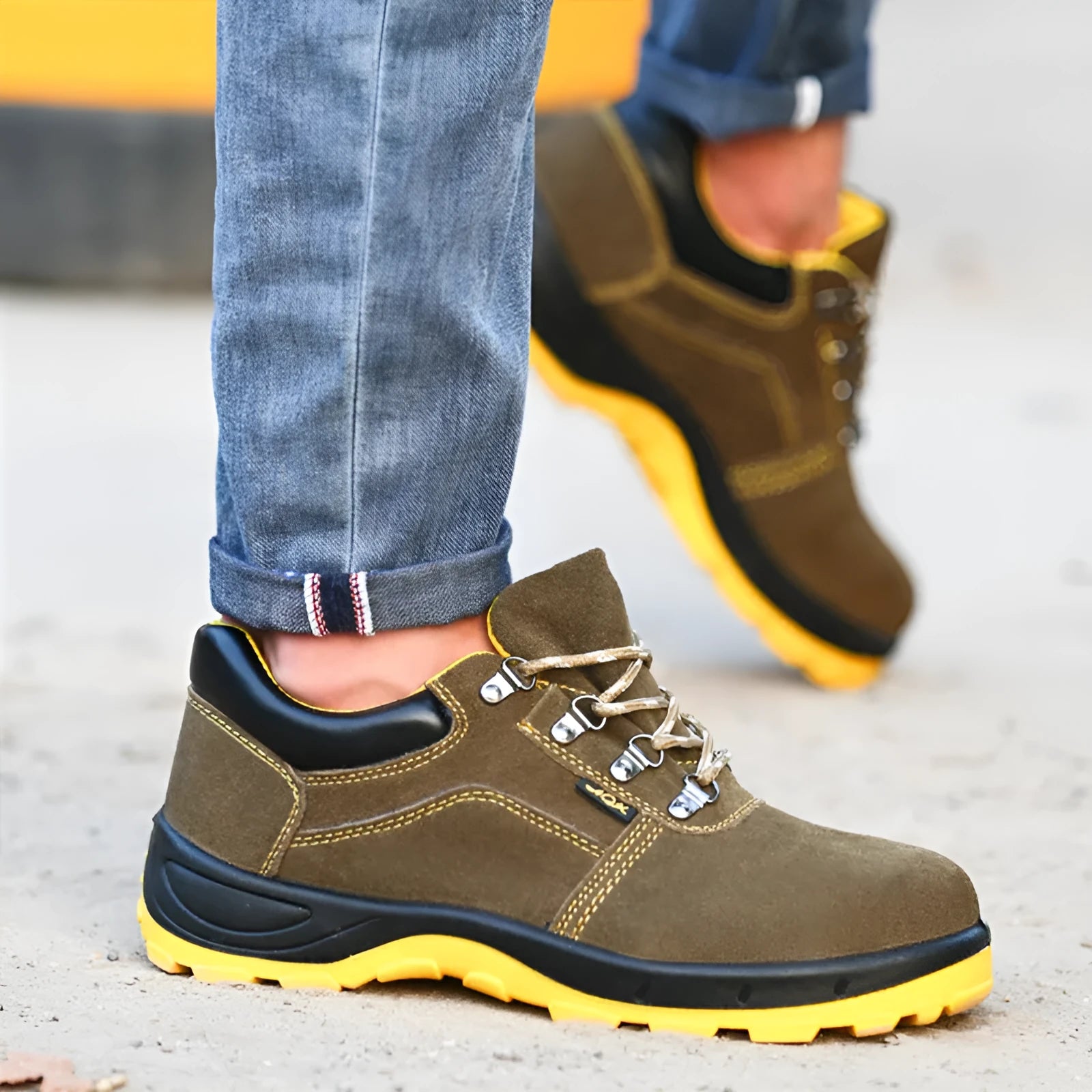 Bronze coloured leather men's steel toe safety shoes with a low-cut design and anti-skid sole.