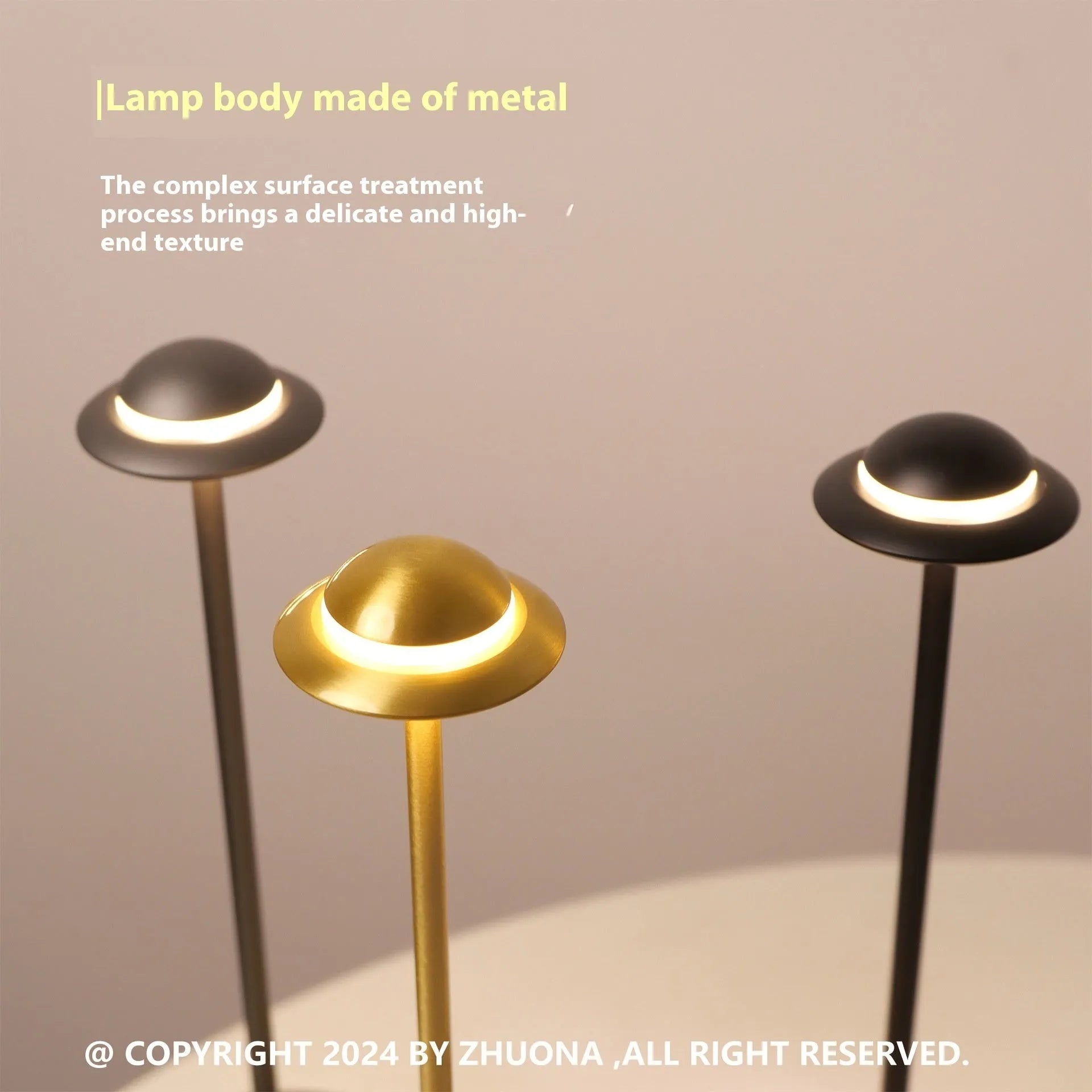 Creative metal UFO table lamp in black with touch dimming on a wooden desk.