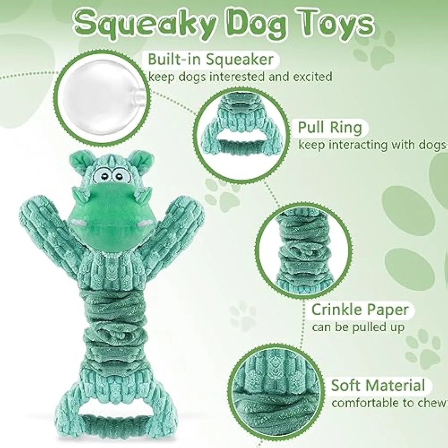 Large plush squeaky dog toy in hippo or monkey design with a handle for tug of war.