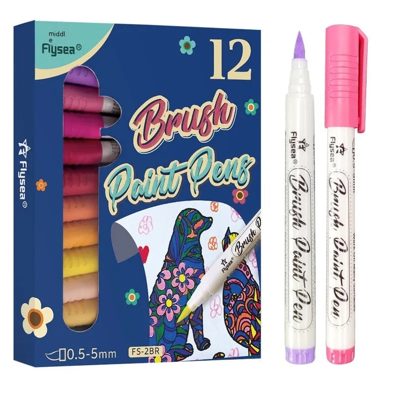 Set of soft-head gouache marker pens in various colours for hand painting and card making.