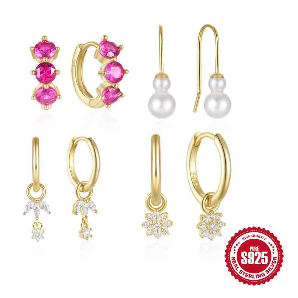 Pair of S925 sterling silver earrings with a sunflower geometric design and golden three diamonds.