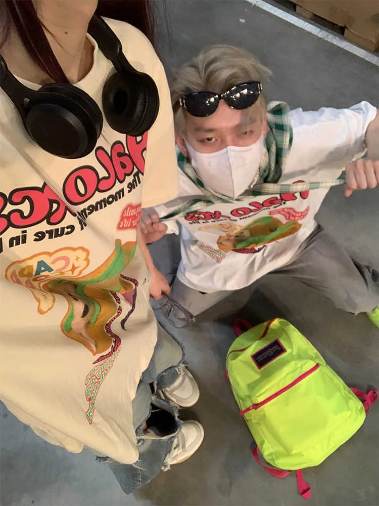 Cartoon hamburger dog printed loose fit cotton T-shirt in white, apricot, or sky blue colour.