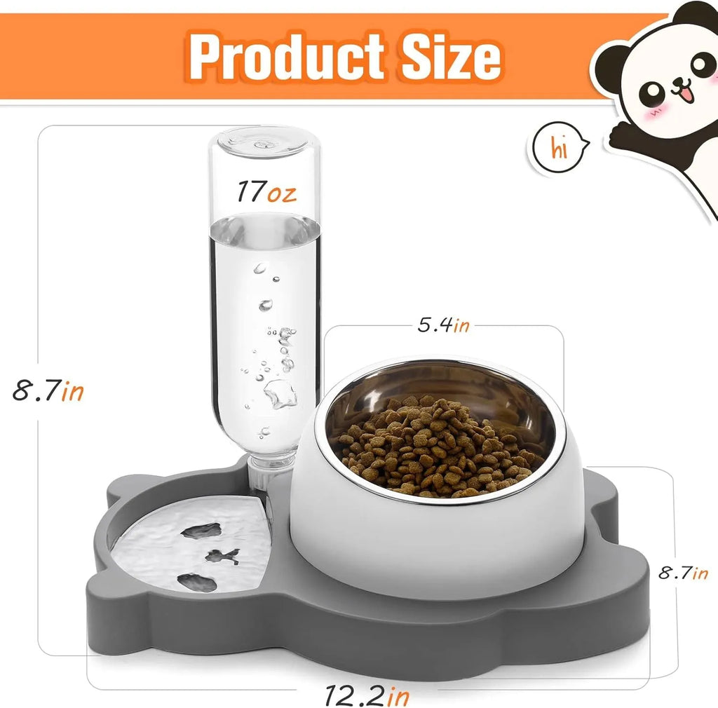 Grey panda-shaped automatic pet water dispenser and tilted food bowl set on a table.