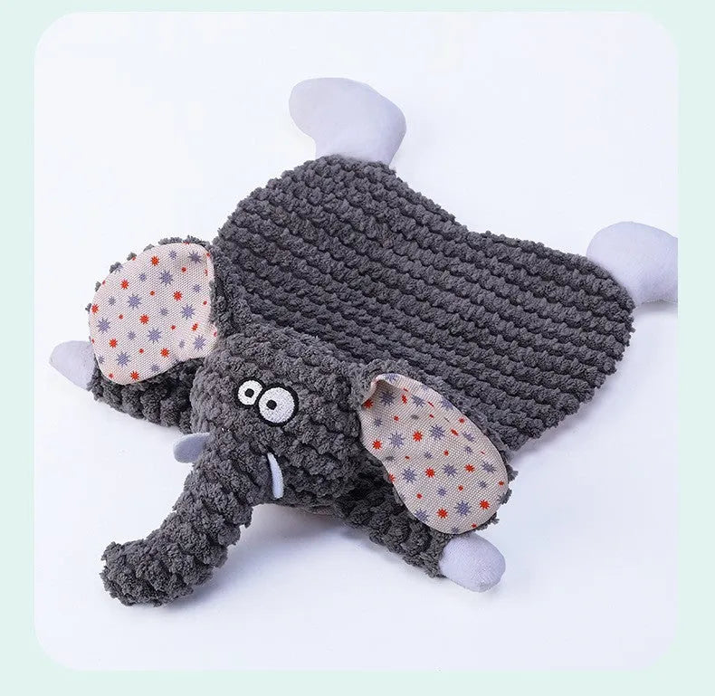 Pet stuffed toy showing fox, elephant, and dinosaur designs in brown, grey, and orange colours with soft velvet material