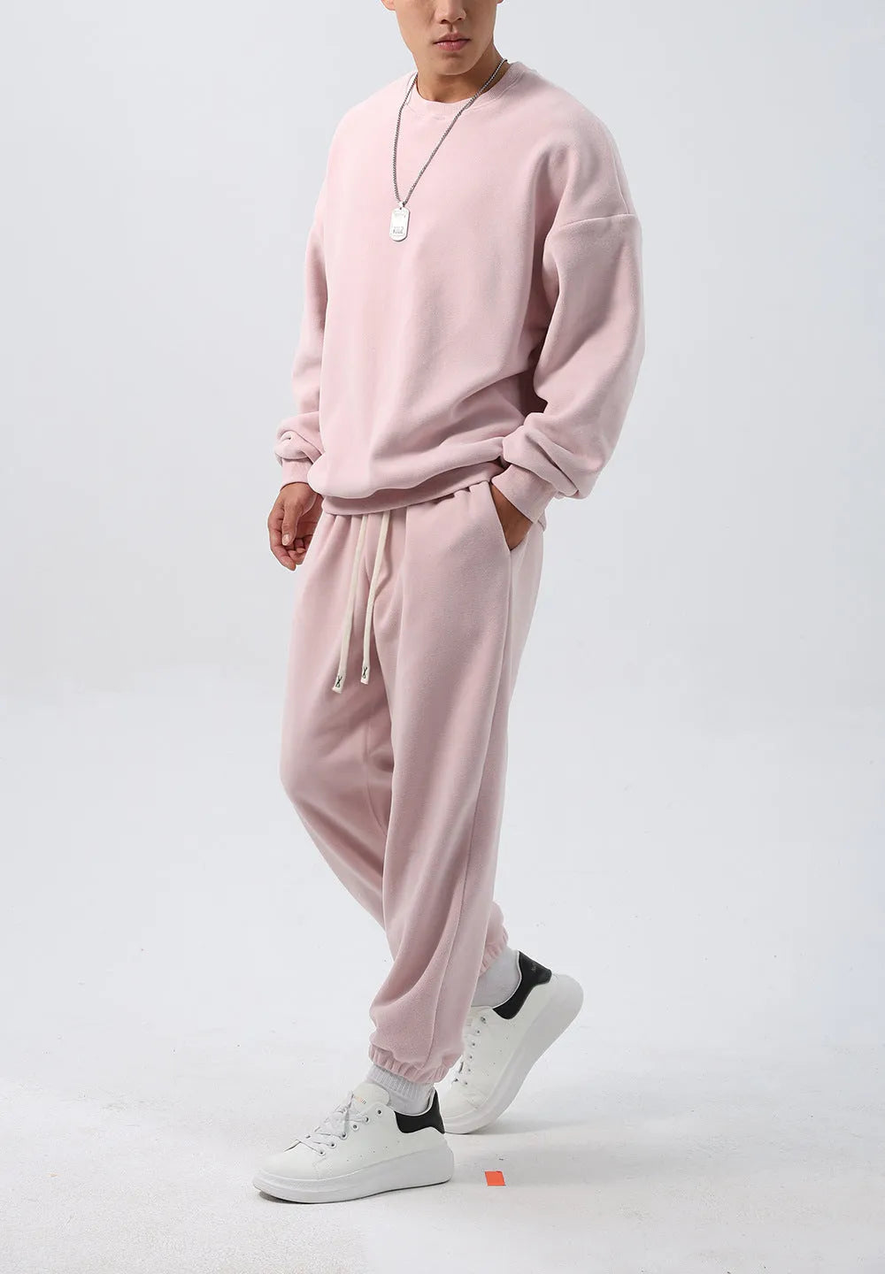Men's polar fleece sports suit set with crew neck coat and padded trousers in double-sided shake design