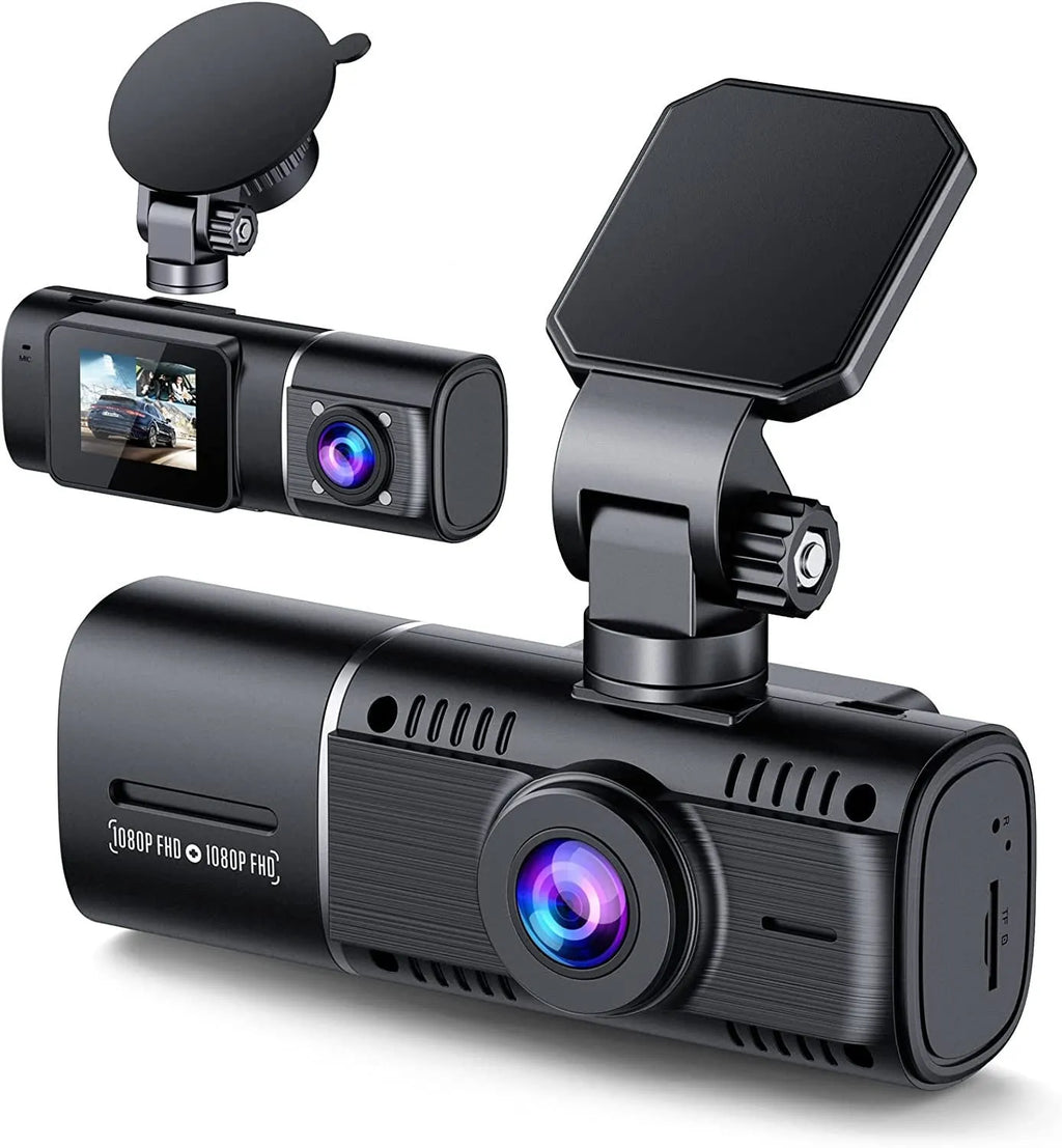 Black dual-channel car dash camera with 1.5-inch screen for front and rear recording.