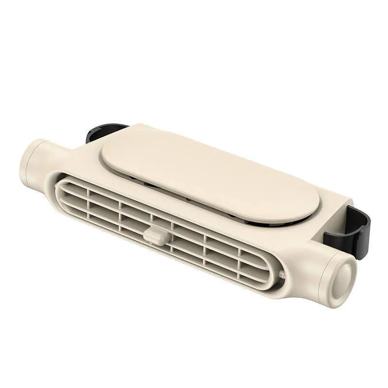 USB car seat fan with velcro strips in black, white, and beige colour options on a car headrest