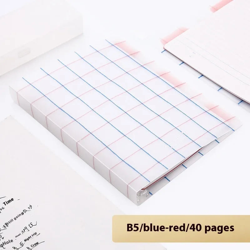 Loose-leaf spiral notebook with PP cover open, showing raw wood pulp pages in A5 or B5 size.