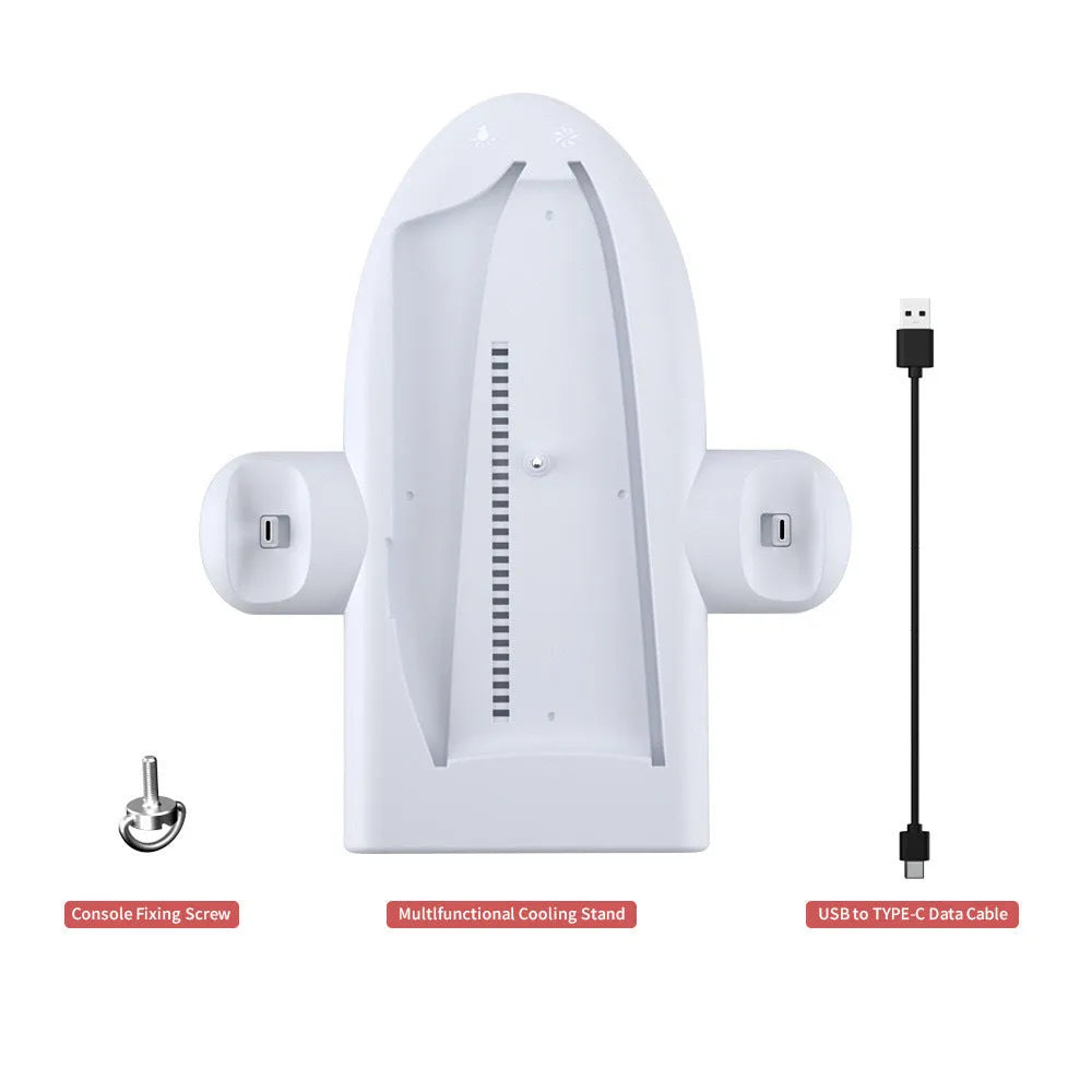 PS5 Slim multifunction cooler pad fan with integrated charger and RGB ambient lighting in white