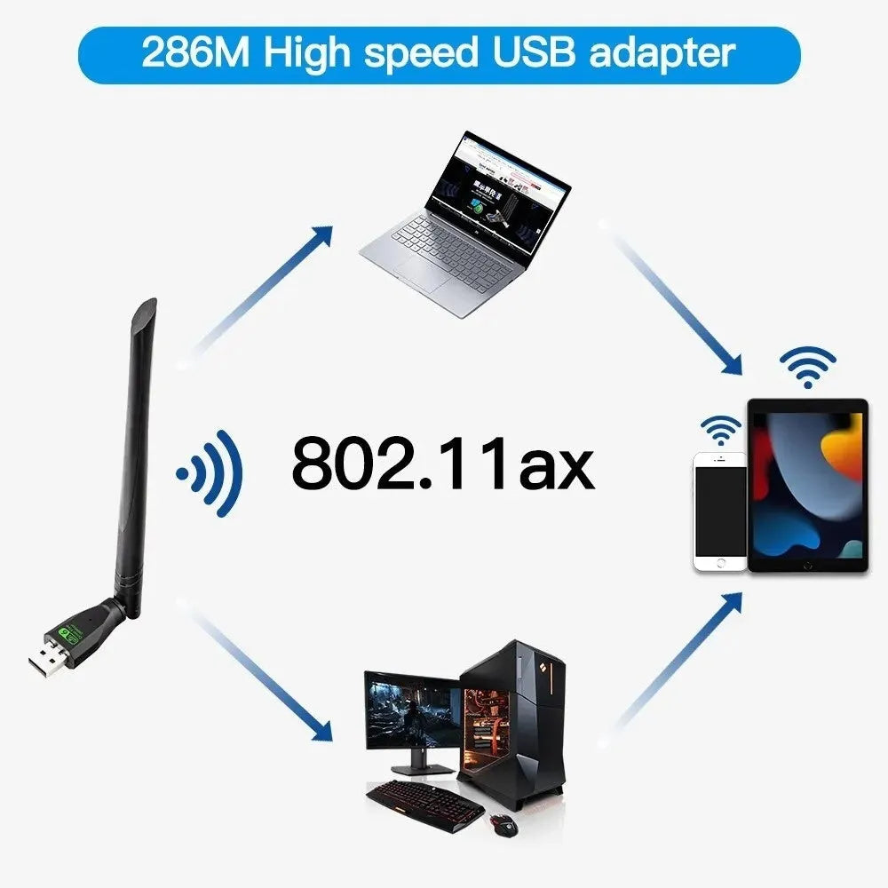 Black USB WiFi6 wireless network card with driver-free operation for computer connectivity