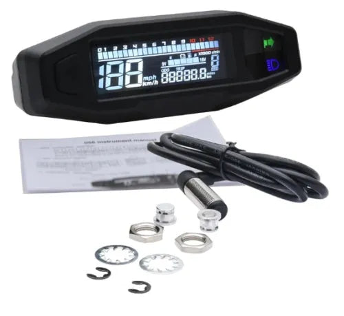 Black motorcycle mini speedometer with LCD display showing oil gauge and speed readings