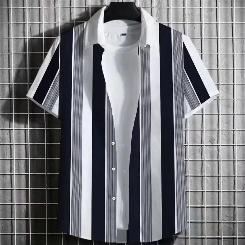 Men's striped linen short sleeve T-shirt with a 3D printed pattern in a solid colour.