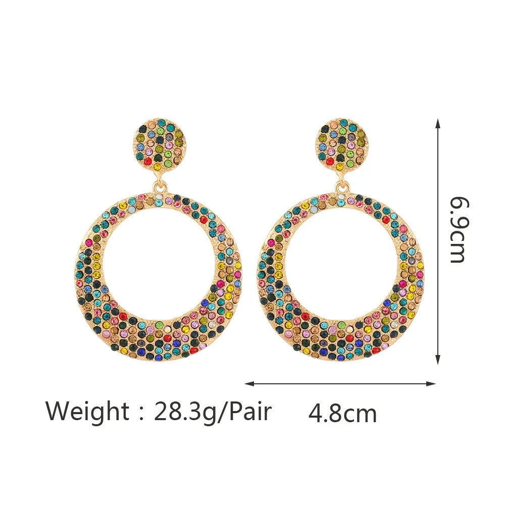 Colourful alloy metal large round pendant earrings with diamond design for women