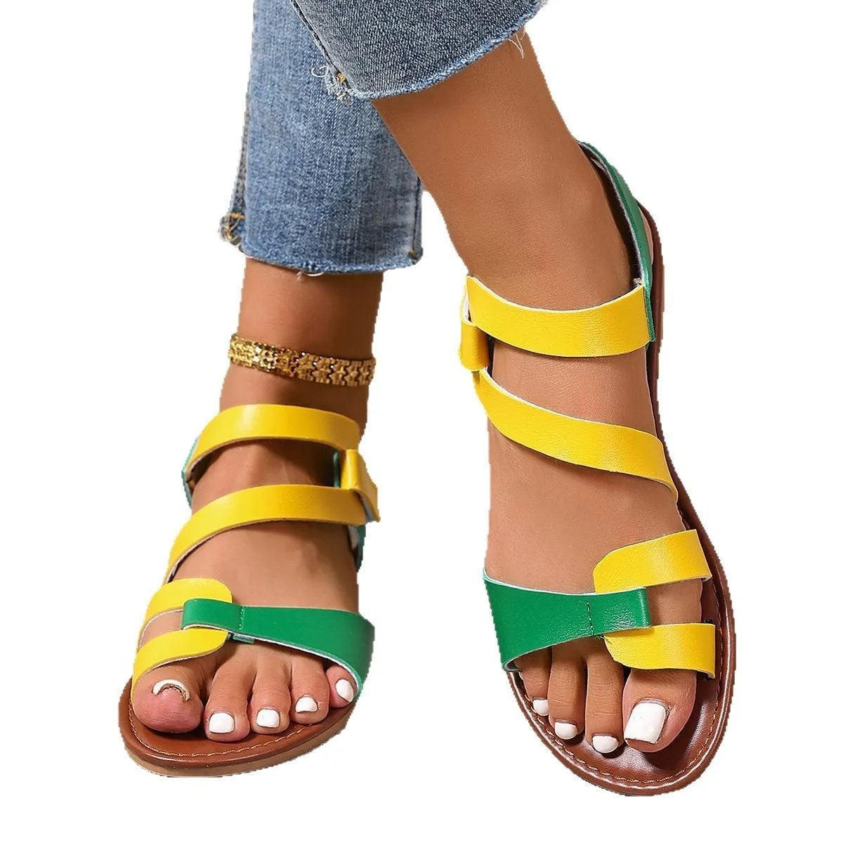 Women's flat casual sandals with Velcro strap in black, brown, or colourful PU with a rubber sole.