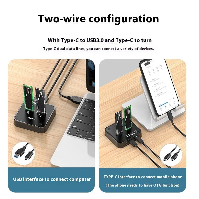 MAIWO K3016 M.2 solid state drive dock with data cables and power adapter for SATA and NVMe SSD copying