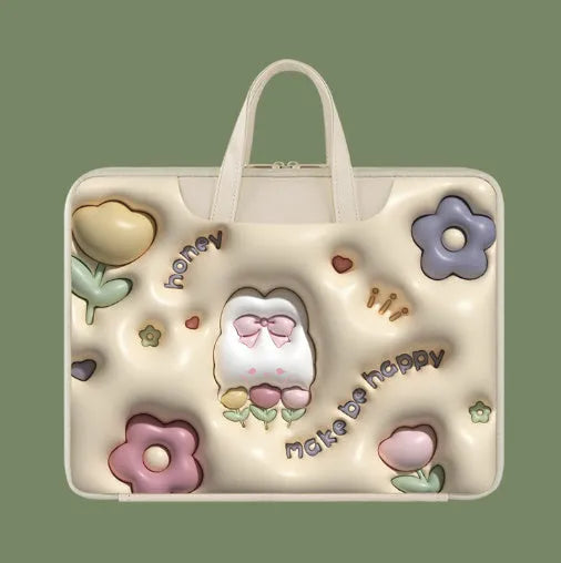 Inflatable PU leather laptop bag with hanging handle in panda pattern design for 15-inch laptops