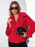 Women's short loose faux fur coat in rose red colour with regular sleeves