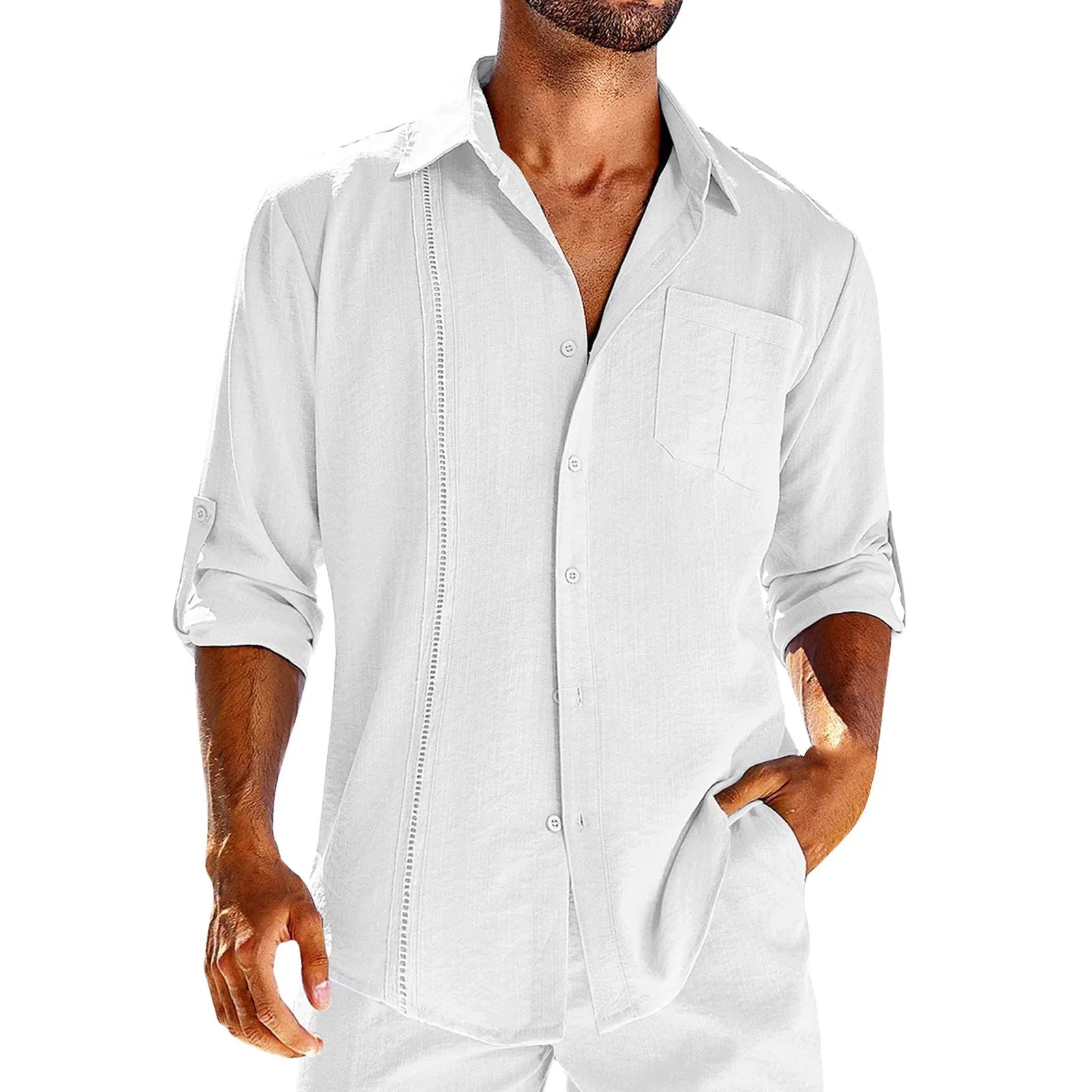 Men's grey long sleeve casual shirt with lace detail on polo collar and a chest pocket.