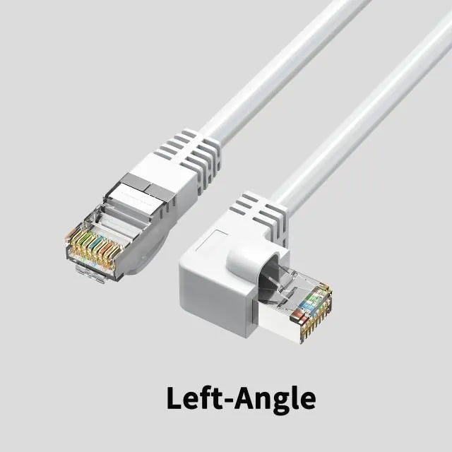 Cat6 Ethernet cable with angled RJ45 connectors in various colours and lengths on a grey background