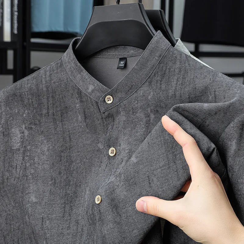 Men's loose linen shirt with stand collar in thin viscose blend fabric