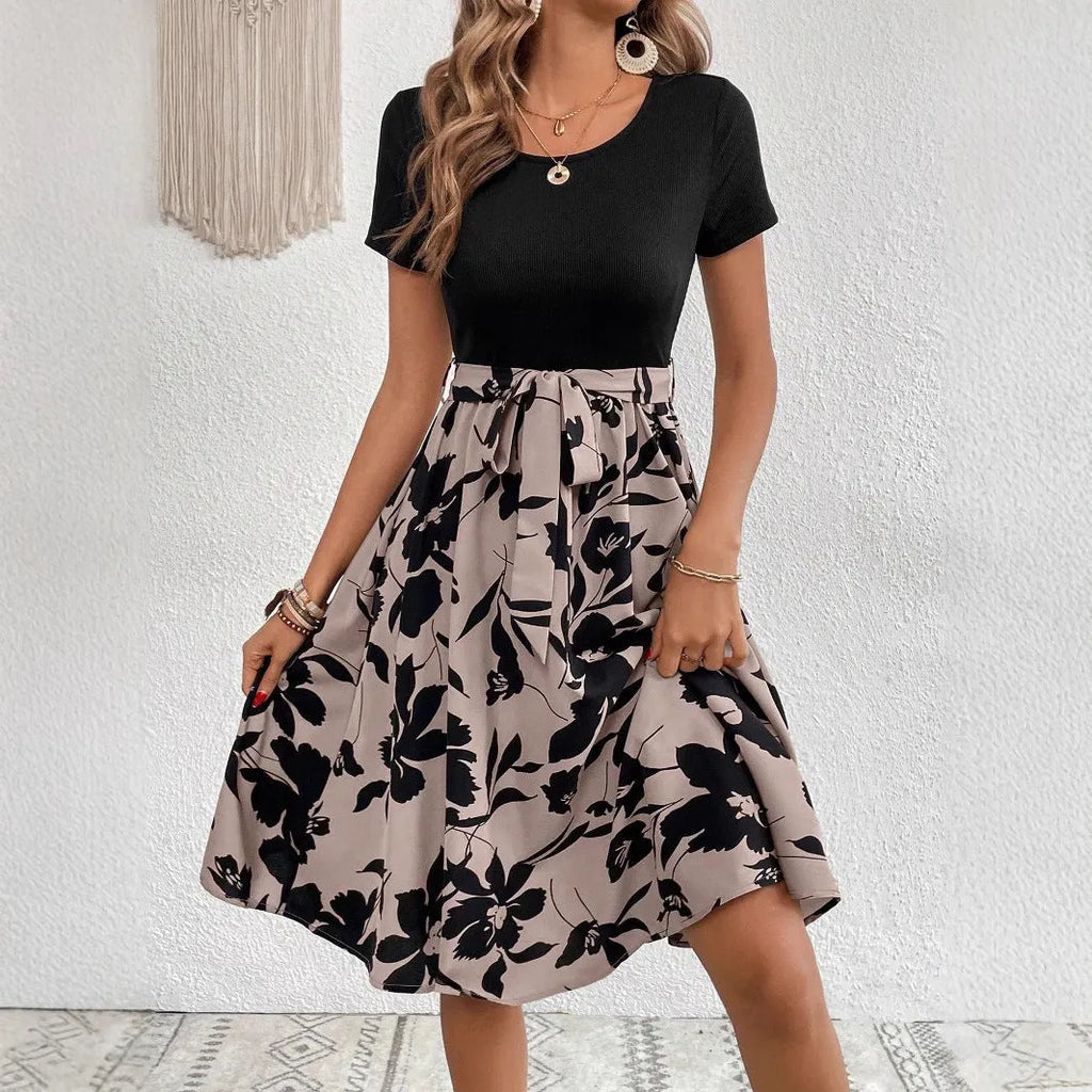 Women's khaki A-line dress with lace-up front detail and plant pattern printing