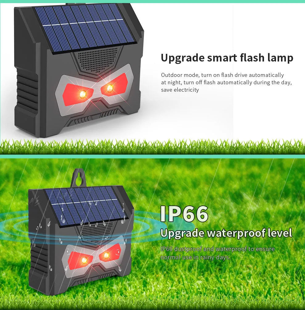 Black animal-shaped solar-powered ultrasonic pest repeller for outdoor use
