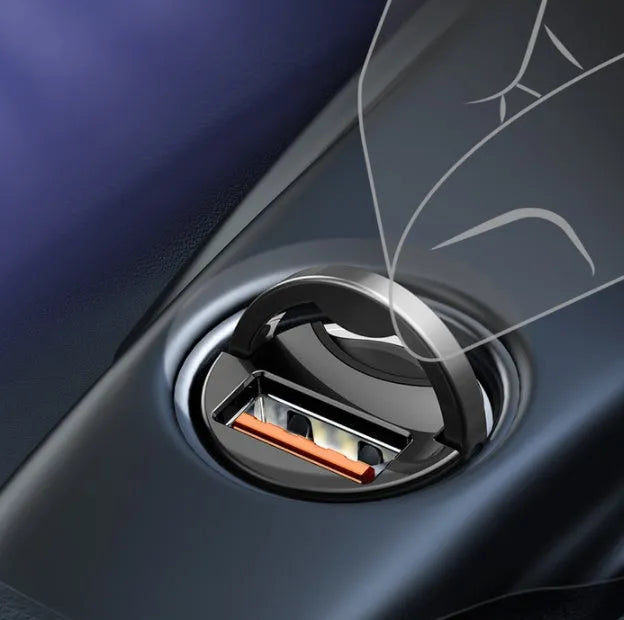 Electro-optical grey car charger with 1 metre cable showing USB interface