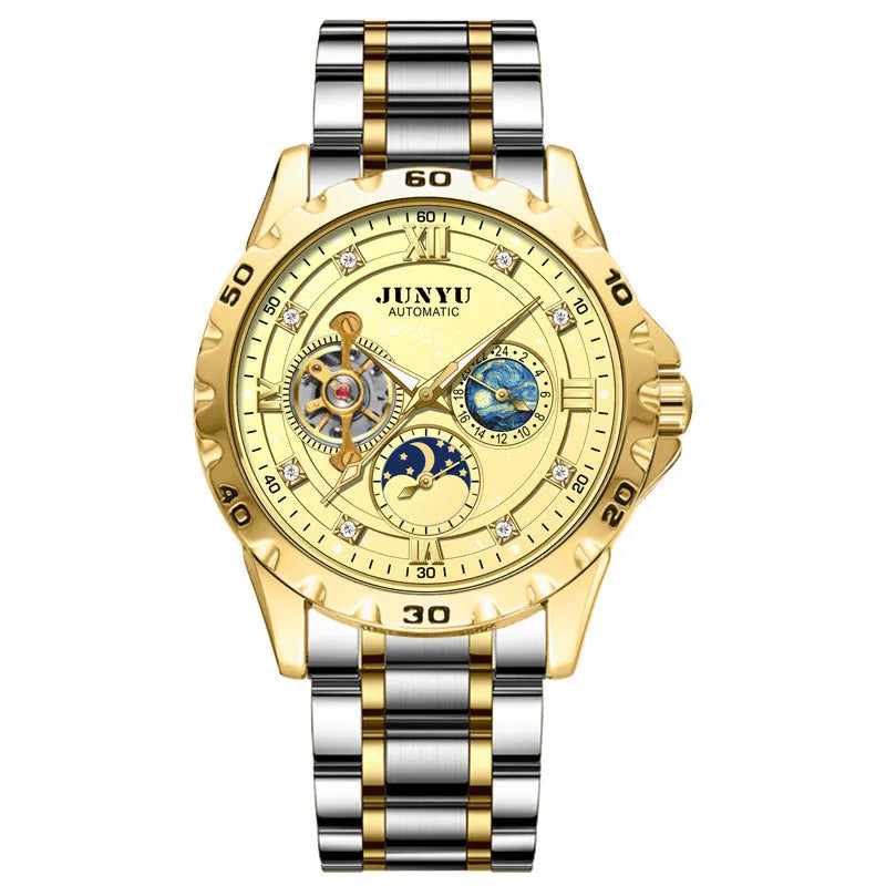 Men's automatic mechanical watch with luminous hands in rose gold, silver, or gold case options