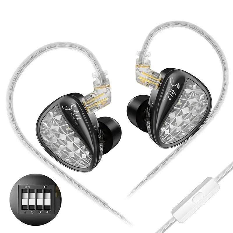 Wired in-ear earphone with adjustable voice iron monitor, back-winding style, and tape microphone option