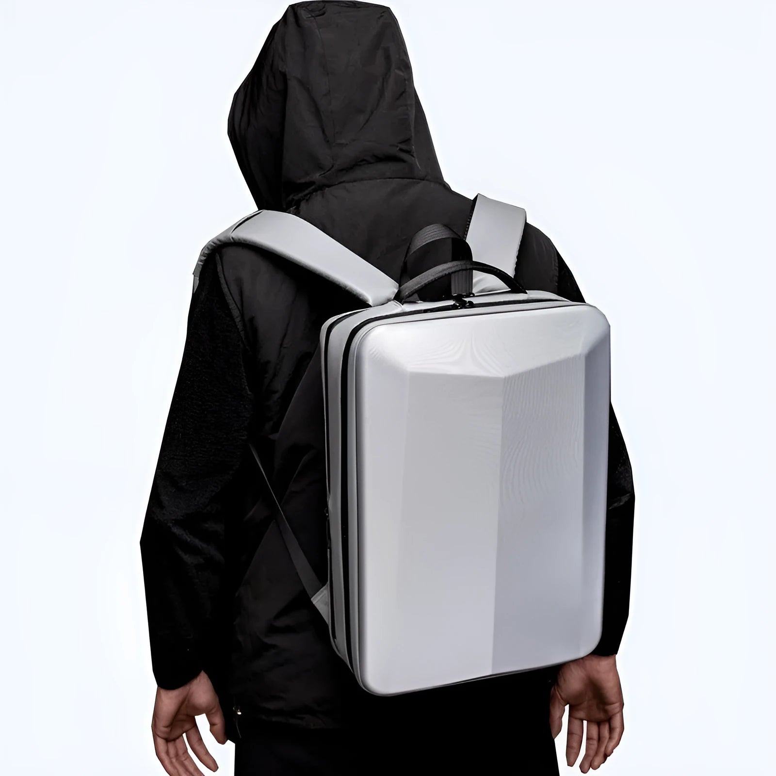 Black waterproof business backpack made from ABS PC and Oxford cloth with curved shoulder straps