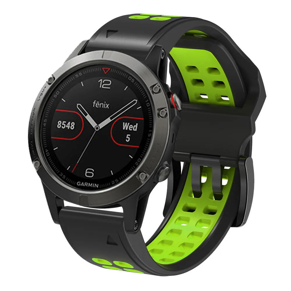 Quick release double row hole silicone watch strap in a two-tone colour on a watch.