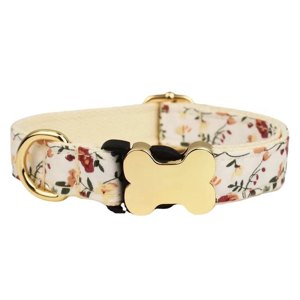 Nylon dog collar with printed grid pattern and metal bone buckle in multiple colour options